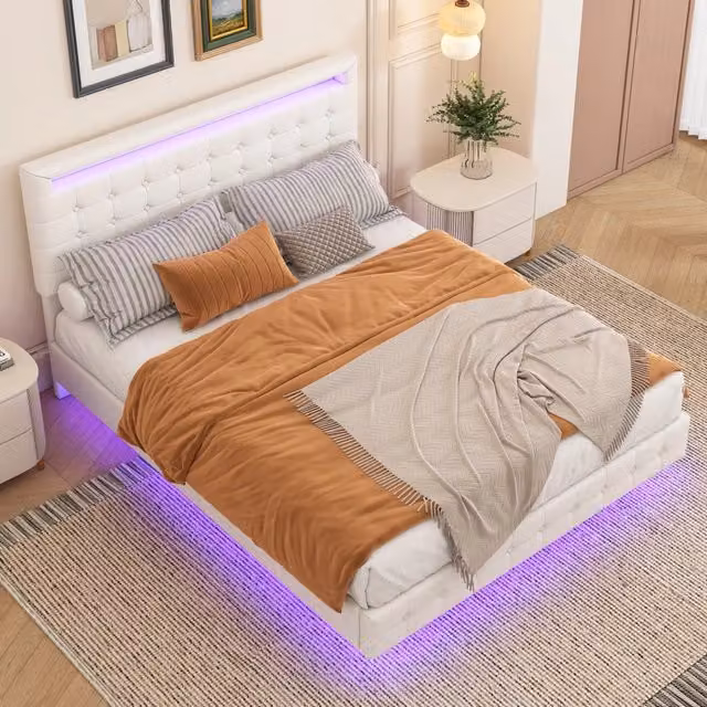 Letto matrimoniale 140x200 cm flottante con luci LED e testiera regolabile; struttura in PU e MDF bianca