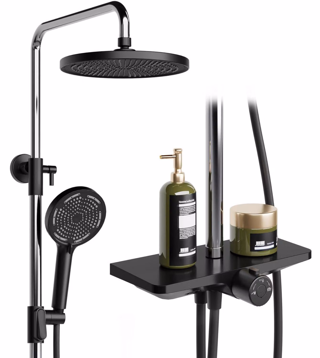 Sistema doccia senza miscelatore, con ripiano, doccia a pioggia, soffione rotondo in acciaio inossidabile da 25 cm, colonna doccia regolabile, colore nero e cromo
