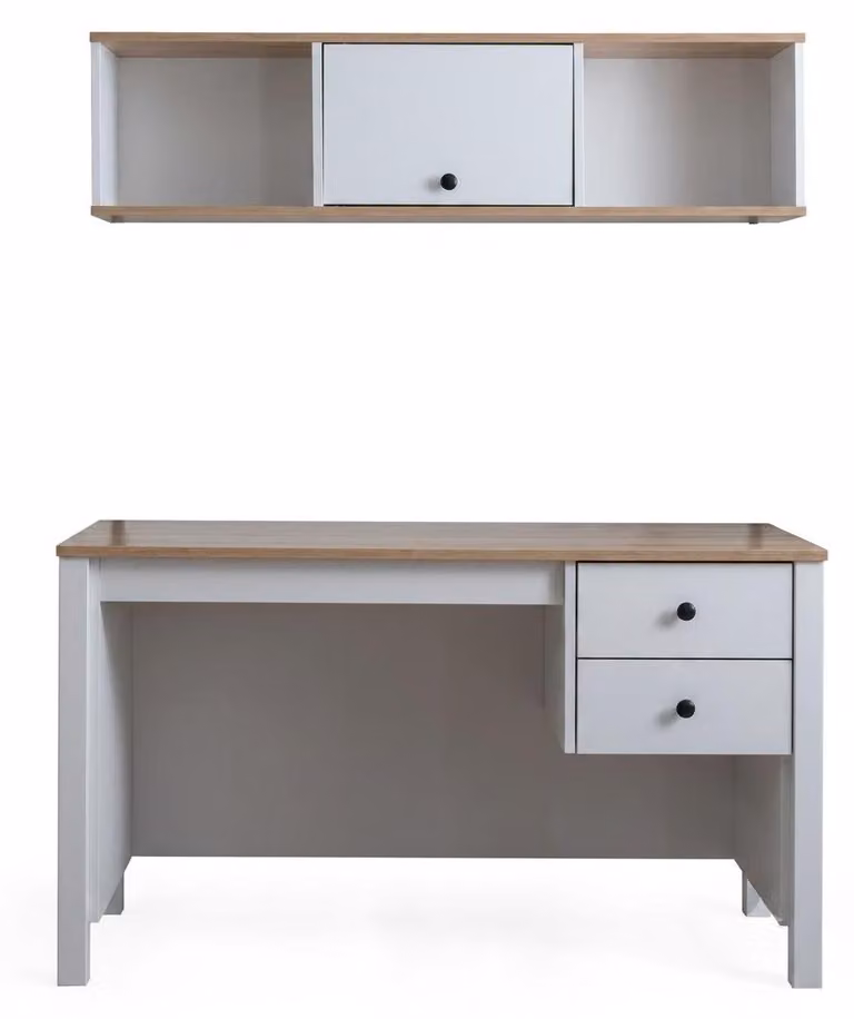 Scrivania bianca, pratica, in legno, ideale per una stanza dei ragazzi, design moderno, con scaffali, composta da 2 elementi