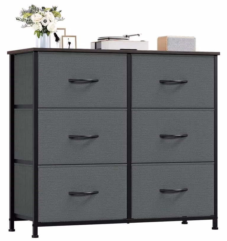 Comodino con 6 cassetti rivestiti in tessuto, colore grigio antracite, dimensioni 80x30x71,5 cm