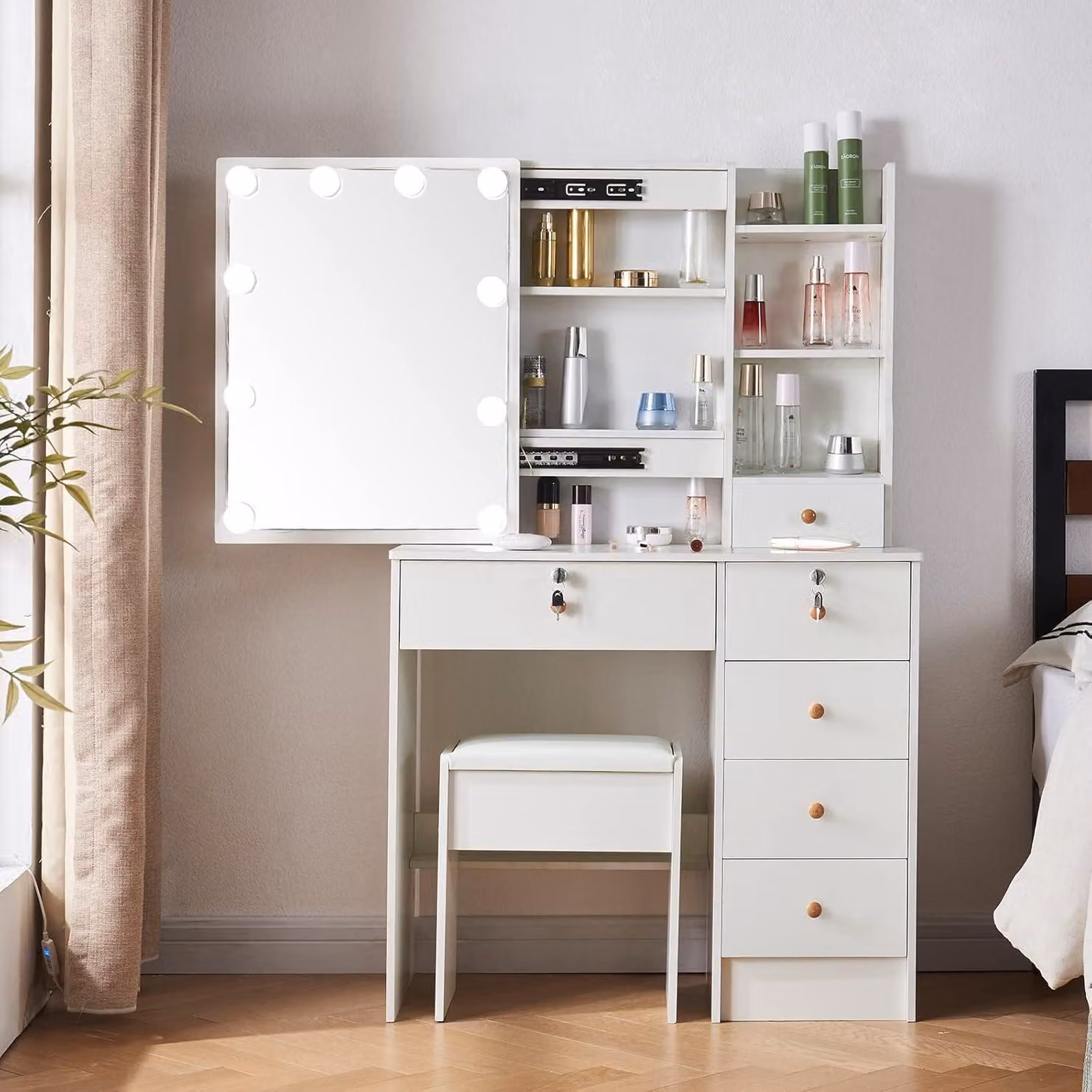 Tavolino da toeletta con luce LED e 6 cassetti