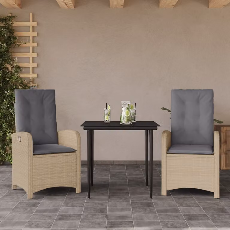 Set Pranzo da Giardino vidaXL in Polyrattan con Cuscini Beige, Nero e Grigio e Tavolo in Vetro