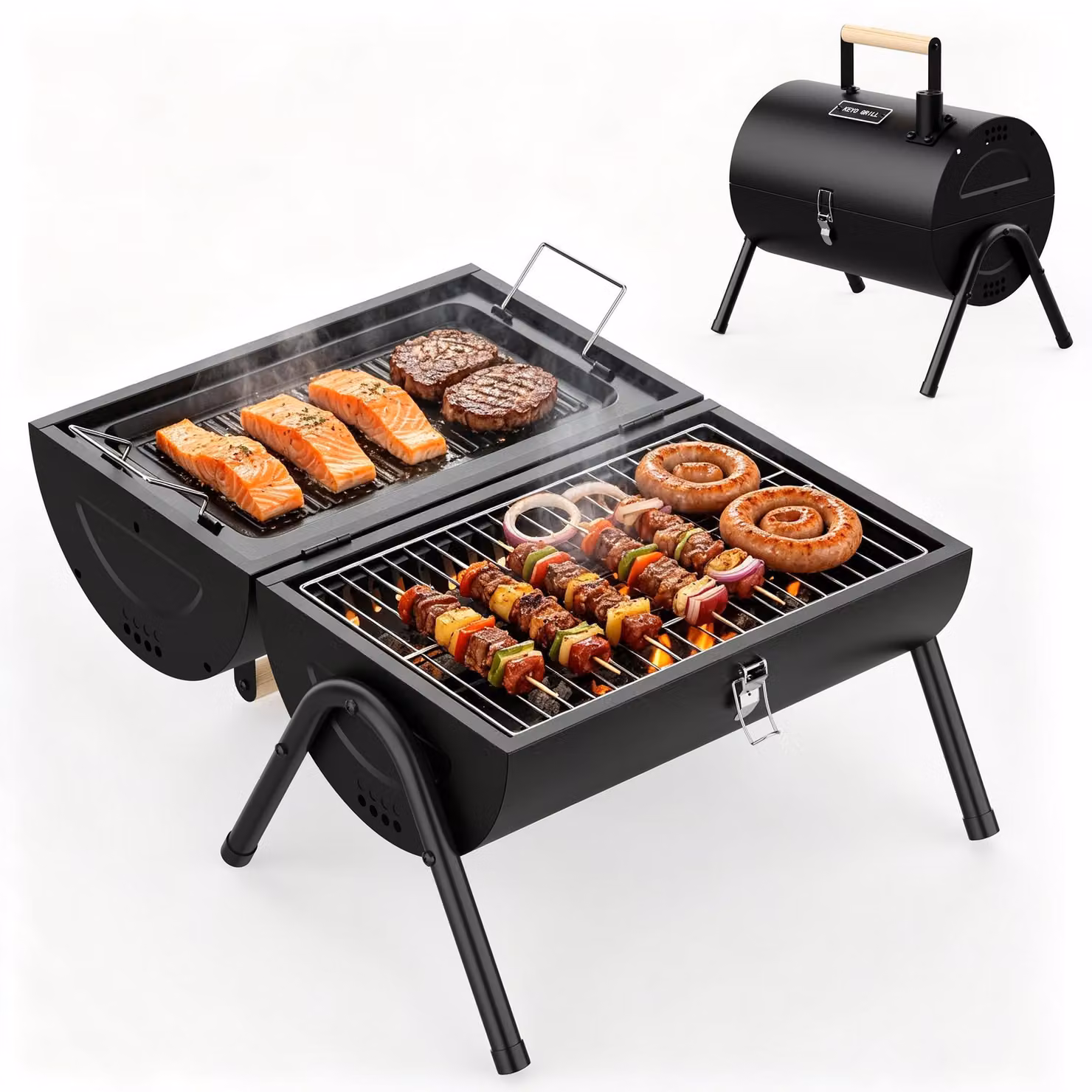 Barbecue compatto a carbone, a forma di botte, con maniglia in legno