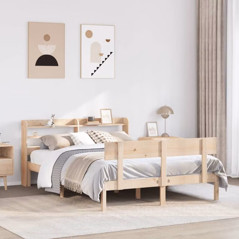 Letto matrimoniale vidaXL in legno massello di pino marrone con ripiani laterali L/P/H: 222.5 x 160 x 82 cm