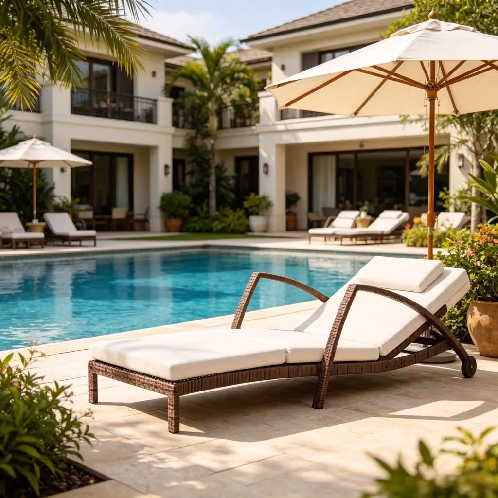 Sdraio da giardino WISHDOR in polyrattan beige e marrone con braccioli, poggiatesta regolabile e ruote – 2