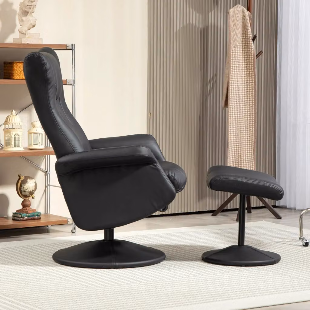 Poltrona relax girevole 360° WISHDOR con poggiapiedi, schienale reclinabile manuale e struttura in metallo, similpelle nera – 2