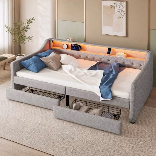Letto da giorno 90 x 200 cm con rete a doghe; 2 cassetti; LED multicolore con telecomando; USB; lino e MDF; grigio