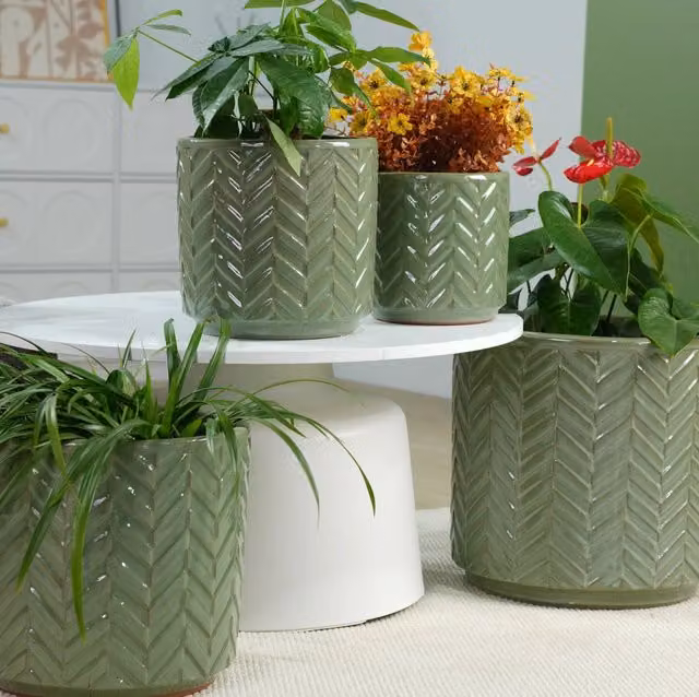 Set di 4 vasi per piante ULEVR in ceramica verde salvia ?38/31,5/24,5/20 cm con foro di drenaggio