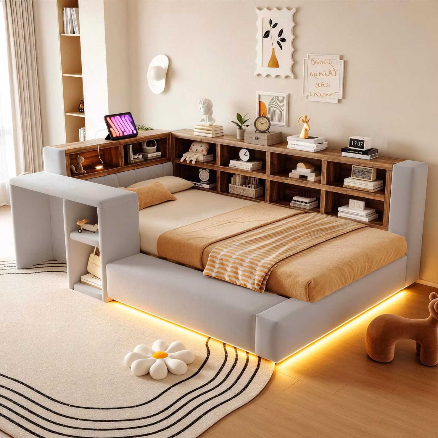Letto imbottito 90 x 200 cm con spazio contenitore, luci LED e prese di corrente, testiera imbottita, comodino e rete a 12 lamelle, rivestito in velluto color grigio chiaro