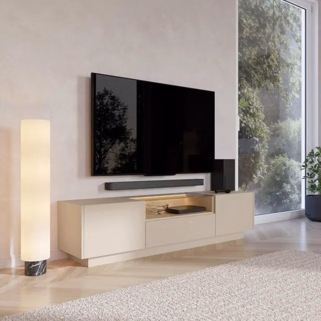 Mobile porta TV Kakaha DMORA in legno e vetro con un cassetto e illuminazione integrata, colore beige, L 176 cm x P 40 cm x H 43 cm
