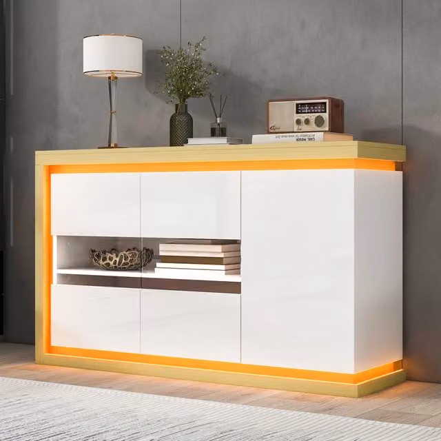 Credenza moderna con LED mobile soggiorno 140 cm bianco lucido e legno con ante in vetro