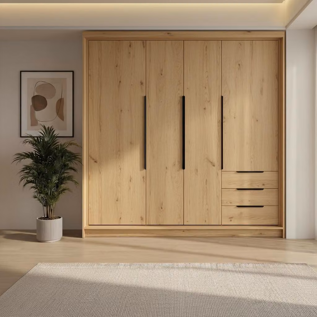 Spazioso armadio a quattro ante KLARI con cassetti e maniglie in metallo – design moderno