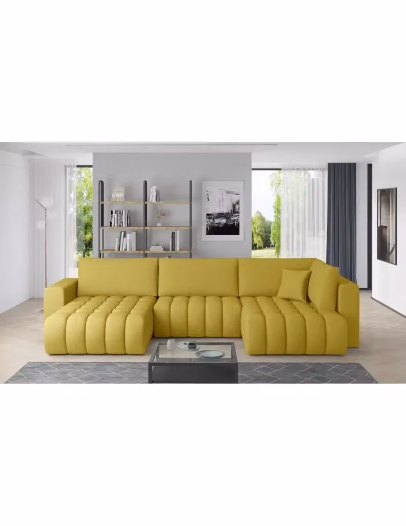 Divano ad angolo BONITA MEUBLORAMA convertibile 6 posti giallo in tessuto con funzione letto e poggiatesta regolabile, lato sinistro - L: 350 cm, P: 175 cm – 2