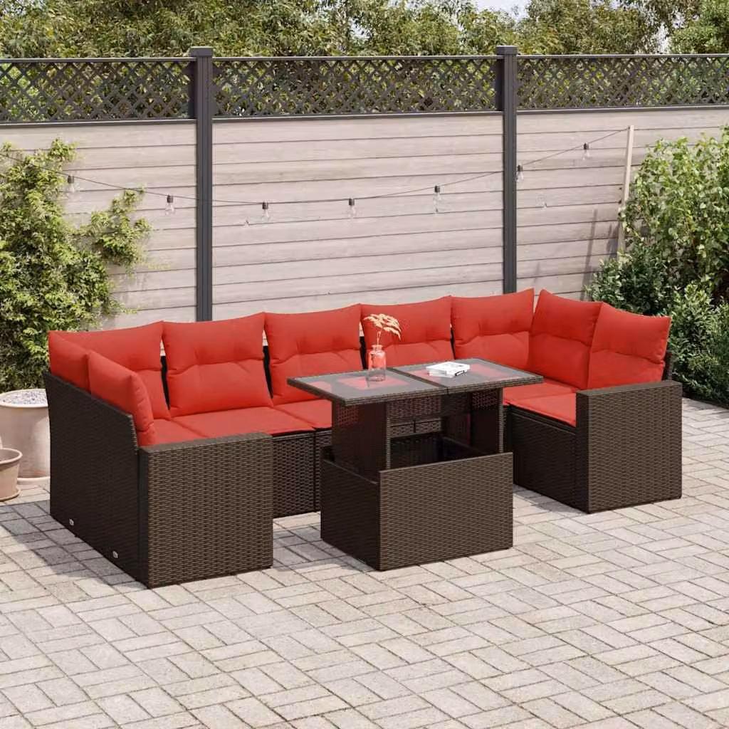 Set da giardino vidaXL composto da 8 pezzi con divani a L, tavolino da caffè e cuscini, in polyrattan marrone e legno di acacia