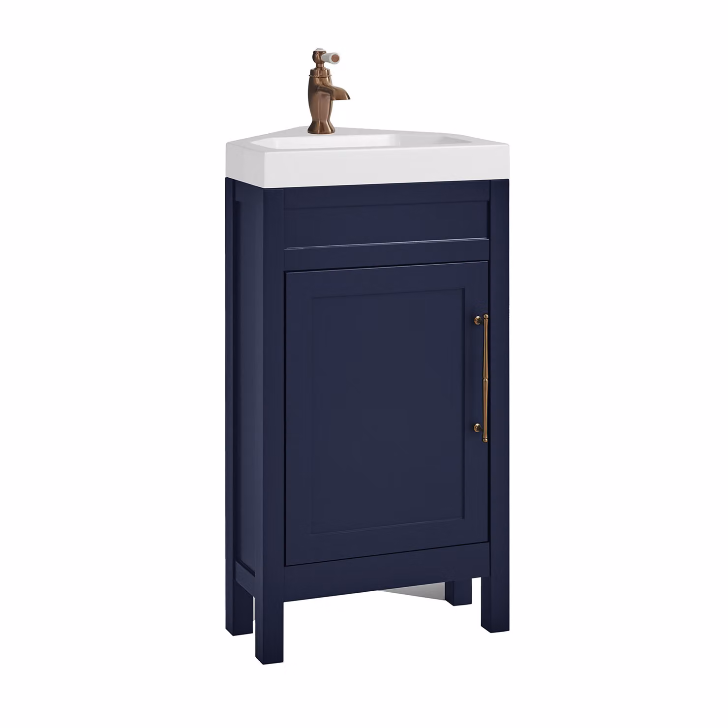 Mobile Bagno Angolare Blu Marino da 450mm con Lavabo e Maniglia Classica con Barra a T in in Rame Satinato - Warwick