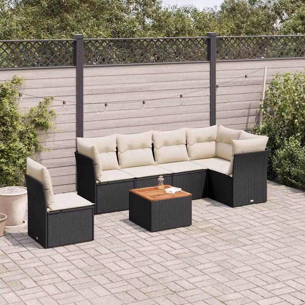 vidaXL Set Divano da Giardino a L con Cuscini 7pz in Polyrattan e Legno di Acacia Nero e Bianco – 1