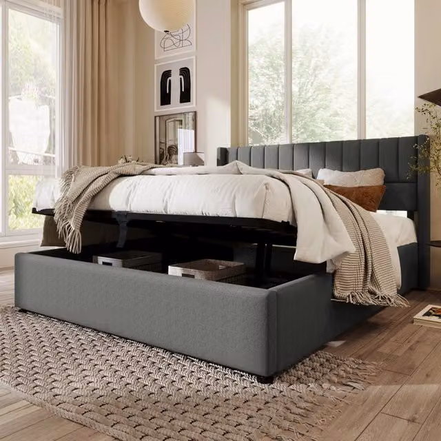 Letto matrimoniale contenitore 140 × 200 cm idraulico in legno lino grigio con testiera imbottita
