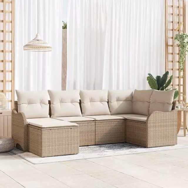 Set Divano da Giardino a L con Poltrona e Ottoman vidaXL, 6 Pezzi, Beige
