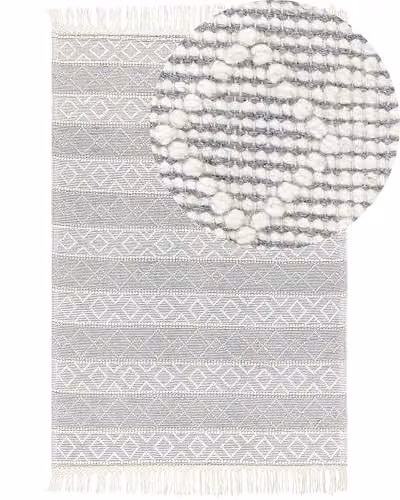 Beliani Tappeto da salotto in lana con frange decorative 160 x 230 cm Grigio e bianco