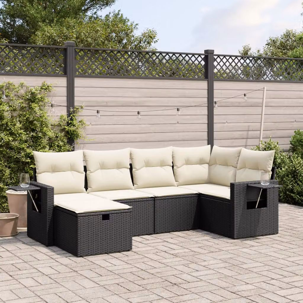 vidaXL Set Divano da Giardino a L 6 pz con Cuscini Nero e Struttura in Metallo e Polyrattan – 1