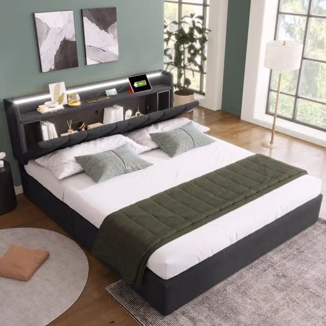 Letto matrimoniale contenitore moderno in tessuto grigio con illuminazione LED RGBW, porte USB e ripiani integrati L/P/H: 140 x 200 x 157,5 cm