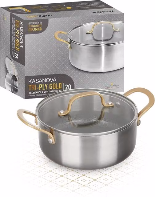 Casseruola Kasanova Tri Ply Gold con coperchio in vetro e rivestimento ceramico, Diametro: 20 cm – 1