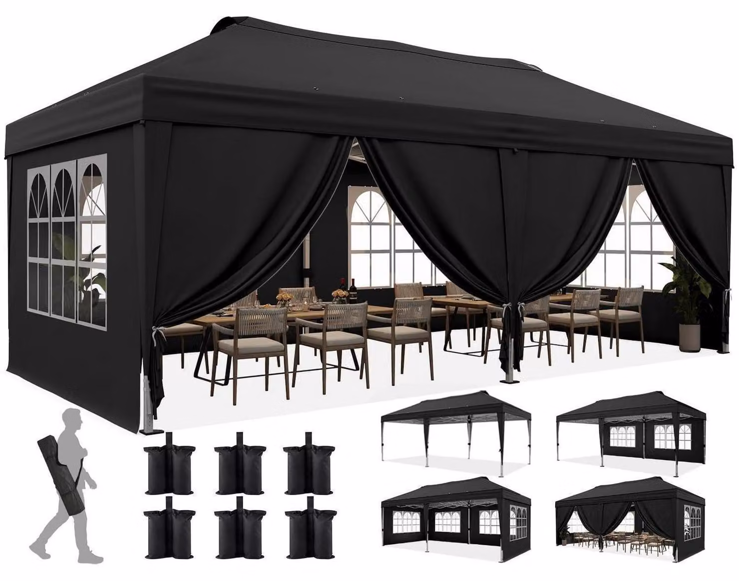 Tenda pop-up da esterno, dimensioni 3x6 metri, con 6 pareti laterali, colore nero, protezione UV 50+, struttura in acciaio