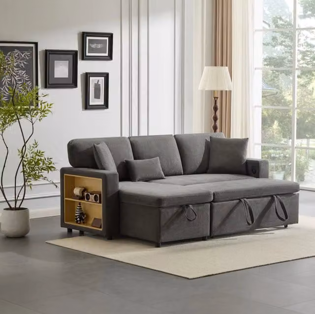 Divano letto angolare reversibile con USB; vano portaoggetti e ripiano; 214x131x87 cm; grigio scuro
