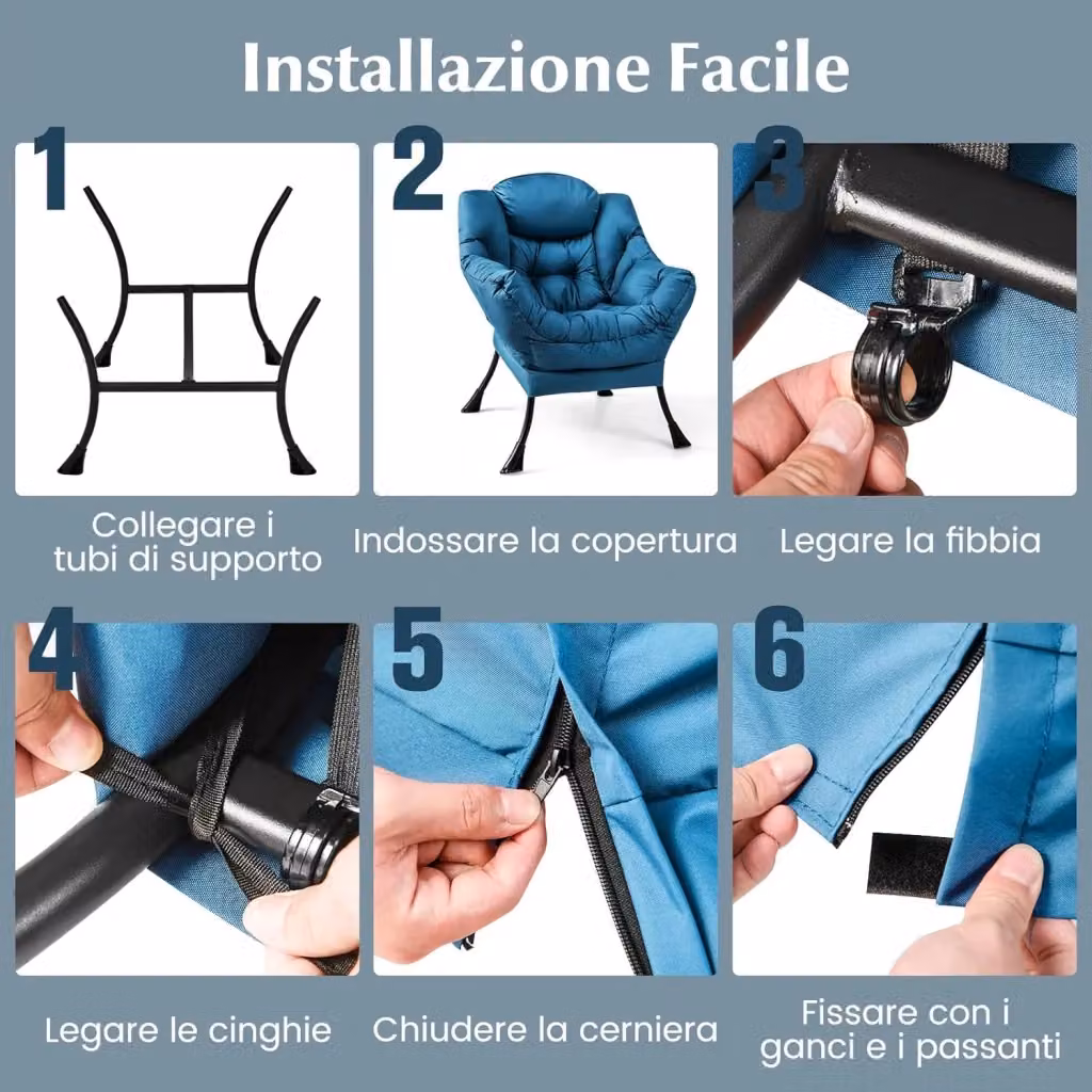 Costway Poltrona Pigra Moderna con Cuscino, Braccioli e Poggiapiedi in Tessuto Blu – 2