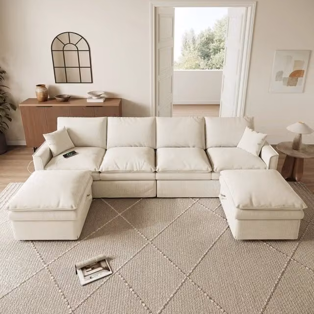 Divano panoramico a U 6 posti modulare con contenitori e porte USB in cotone e lino beige 277×135×80 cm