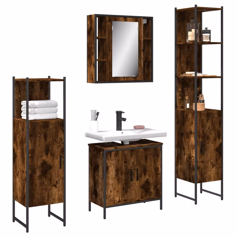 Set di mobili da bagno moderno vidaXL 4 pezzi in legno rovere fumo marrone composto da armadietto con specchio, mobile lavabo, colonna alta e mobile laterale