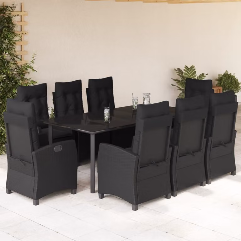 Set da Pranzo da Giardino vidaXL 9 pz in Polyrattan Nero con Cuscini e Tavolo in Vetro