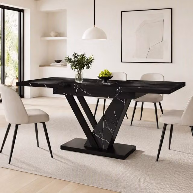Tavolo allungabile REDOM moderno in MDF nero con effetto marmo lucido, L/P/H: 120-160 x 75 x 75,5 cm