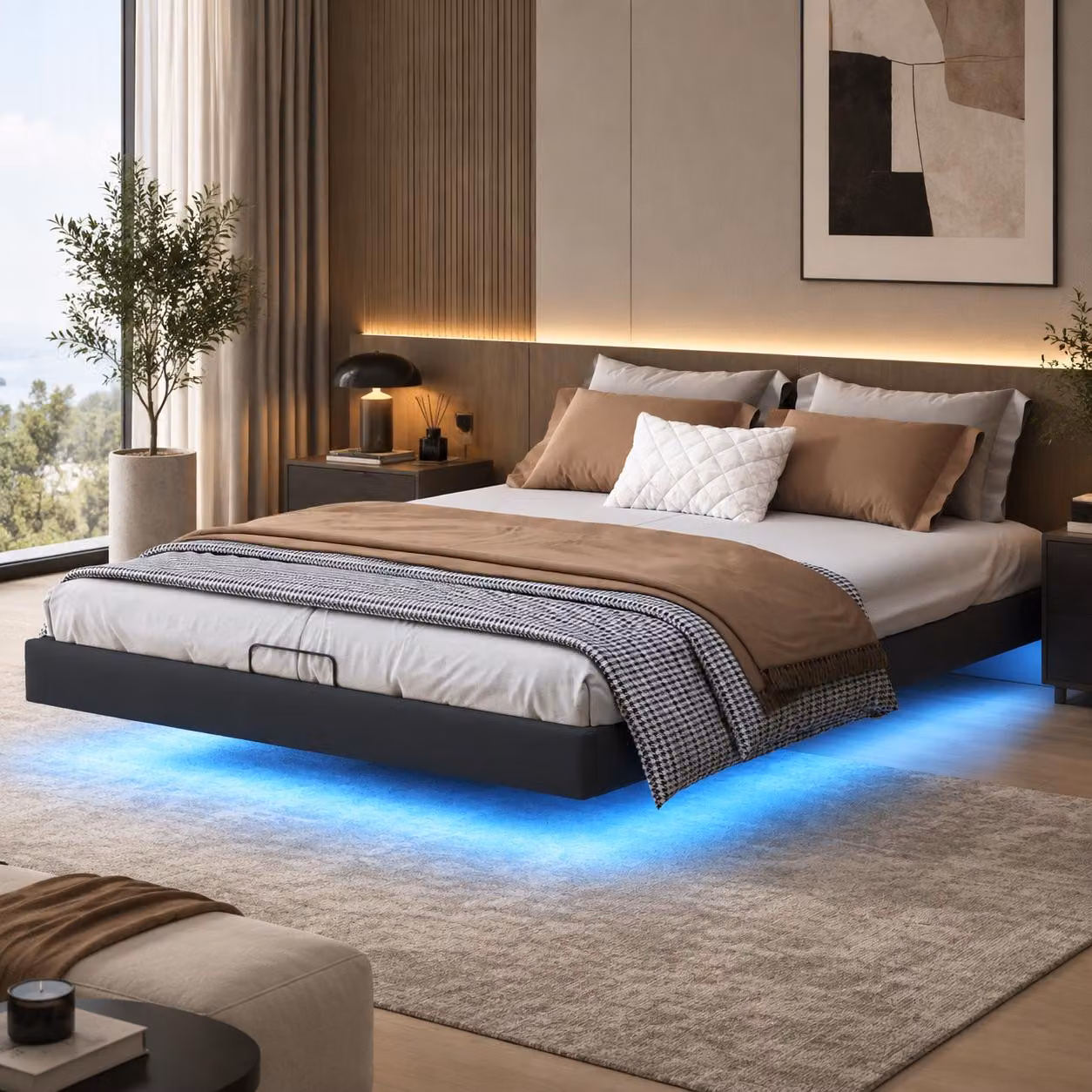 Letto imbottito INONEFT, modello sospeso, 160x200 cm, con illuminazione LED, contenitore con sistema idraulico, struttura a molle, rete a listelli, rivestimento in ecopelle nera