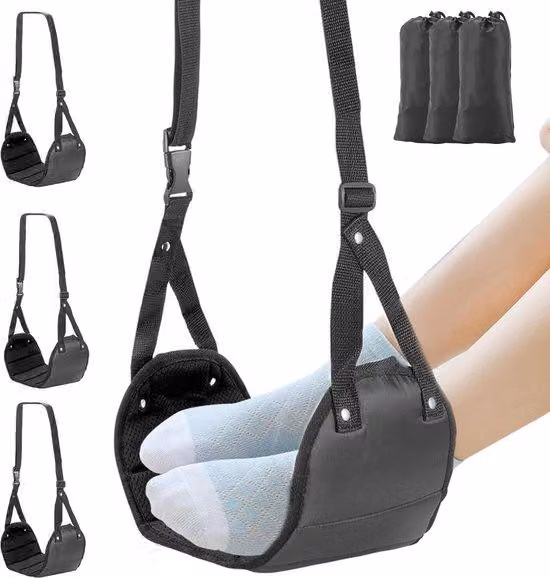 Amaca da viaggio in tre pezzi per aereo, poggiapiedi pieghevole per aereo, gadget da viaggio portatile, poggiapiedi, poggiagambe regolabile per viaggi in aereo, auto, ufficio, camera da letto, relax, nero