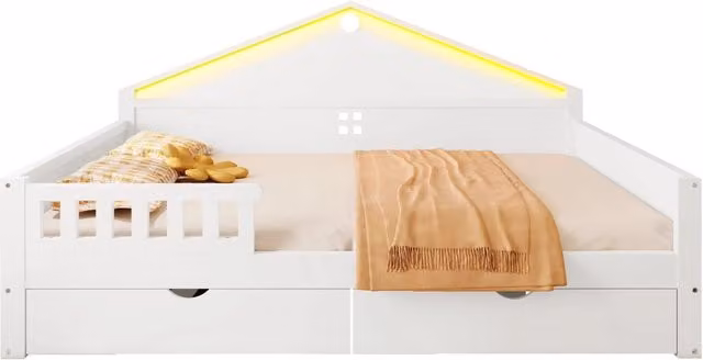Letto singolo moderno bianco in legno massello e MDF con 2 cassetti e barra LED, L/P: 140 x 200 cm