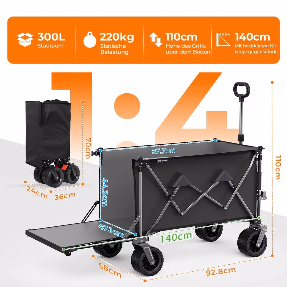 Carrello pieghevole all terrain Minimal nero e grigio in acciaio con capacità 300L e ruote 17x10cm per giardino ed esterno – 2