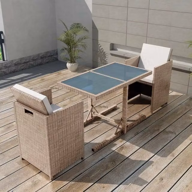 Set da Bistrot vidaXL in Polyrattan e Vetro con Cuscini Beige e Bianco per Giardino e Terrazza