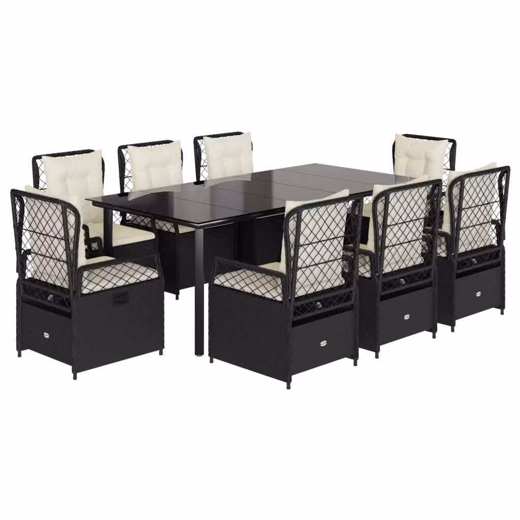 Set da Pranzo da Giardino 9 pz con Cuscini Nero in Polyrattan