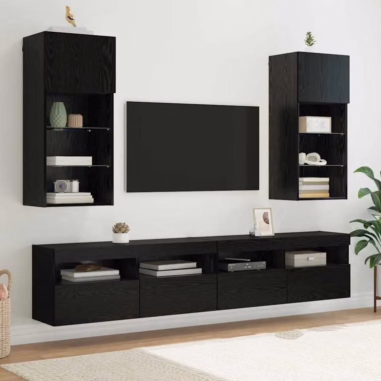 Set di 2 mobiletti TV da parete vidaXL moderni in legno ingegnerizzato nero con illuminazione integrata L 90,0 cm x H 40,5 cm x P 30,0 cm
