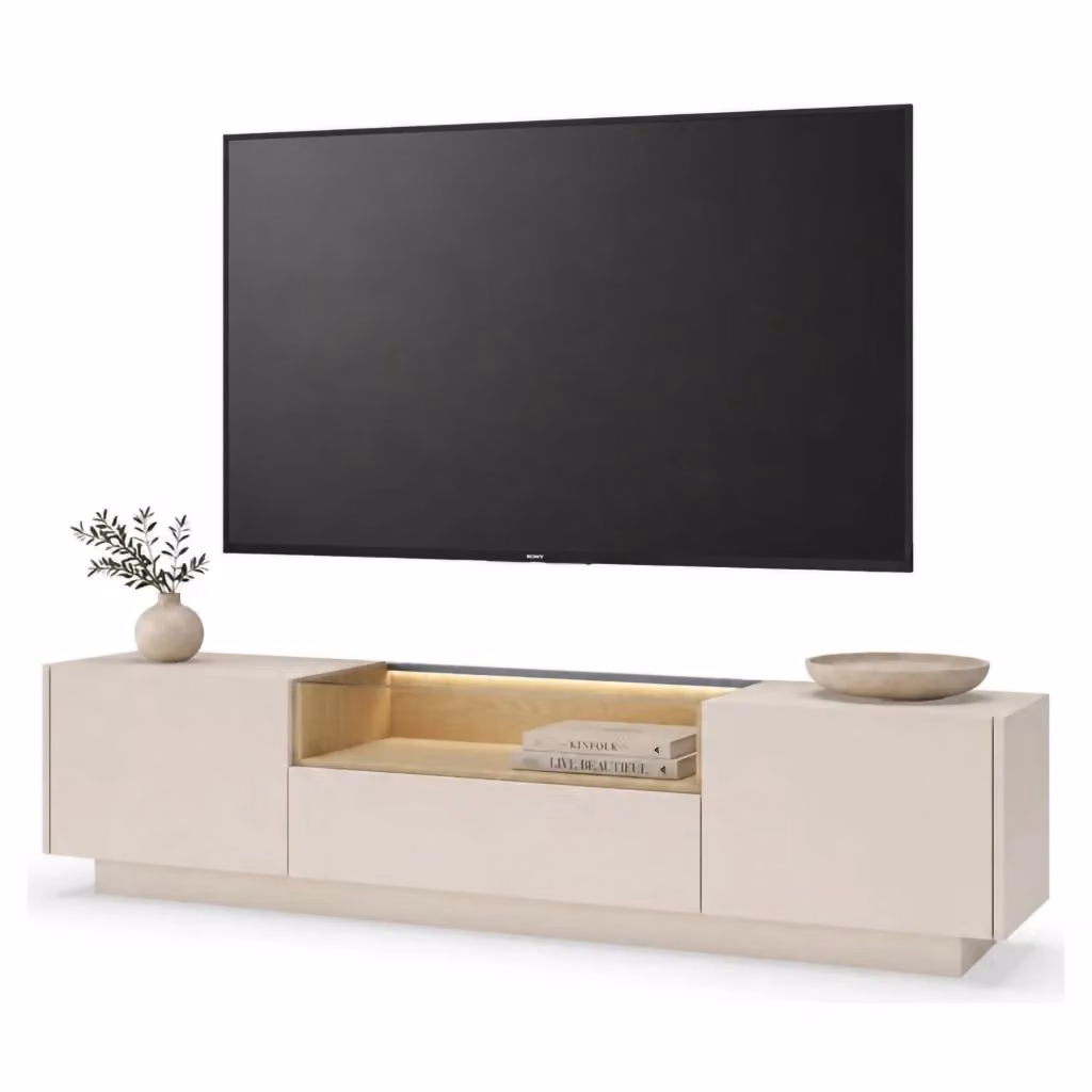 Mobile porta TV Kakaha DMORA in legno e vetro con un cassetto e illuminazione integrata, colore beige, L 176 cm x P 40 cm x H 43 cm – 2