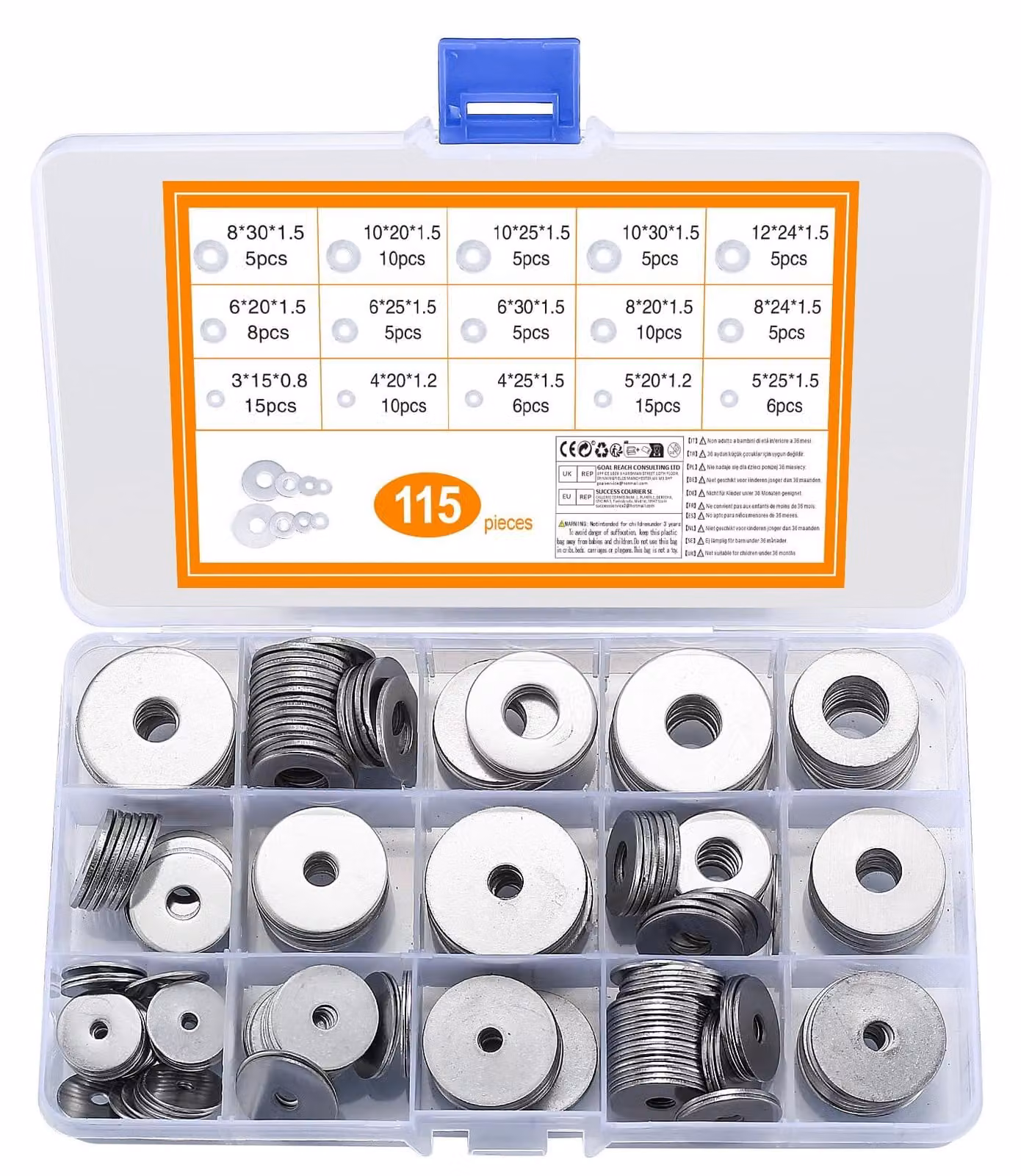 Set di rondelle piatte di grandi dimensioni - 115 pezzi di dischi in acciaio inossidabile - assortimento di 15 misure, da M3 a M12