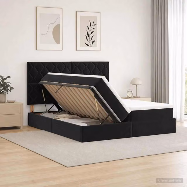 Letto con contenitore vidaXL in velluto nero con illuminazione LED, porte USB e materasso ibrido L/P/H: 200 x 200 x 34 cm
