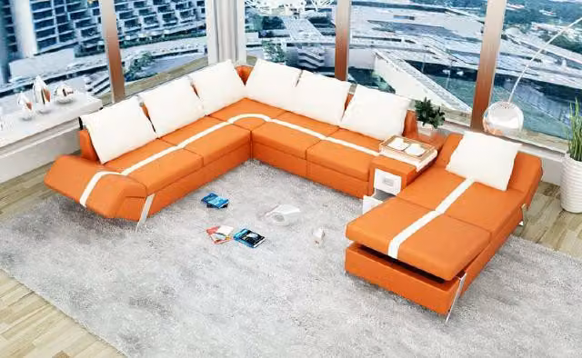 Divano angolare in pelle, grande formato XXL, a forma di "U", ideale per creare un'ampia zona living. Set di divani e poltrone, modello PH2718