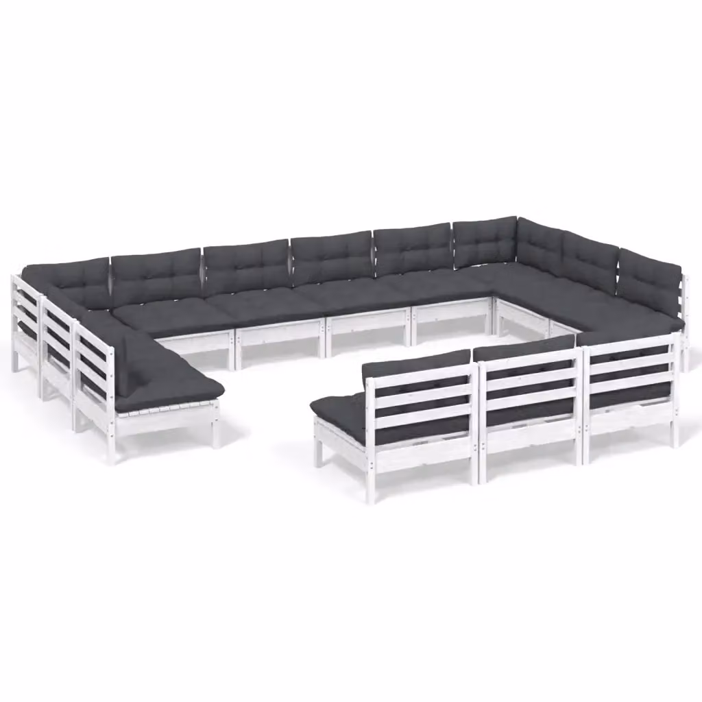 Set di Divani da Giardino a Forma di U vidaXL in Legno di Pino con Cuscini Bianchi e Antracite – 2