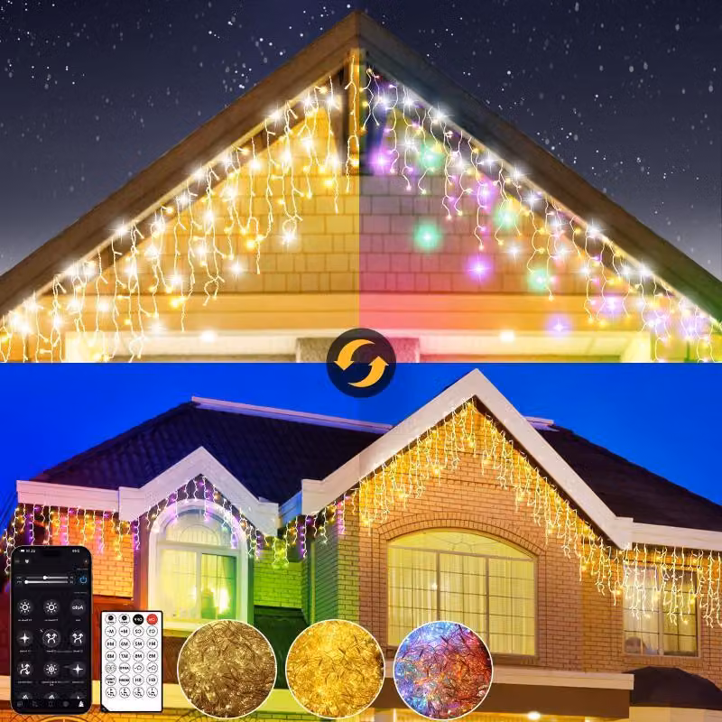 10m Luci Natale da Esterno Cascata, Luci Natale Esterno Bianco Caldo e RGB, Tenda Luci Natale Esterno con APP e Telecomando, 17 Modalità, 4 Luminosità, Timer, Decorazioni Natale Esterno(10M-400L,C/RGB)