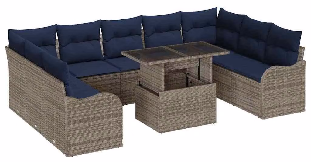 Set di divani da giardino, 10 pezzi, grigio, in rattan sintetico