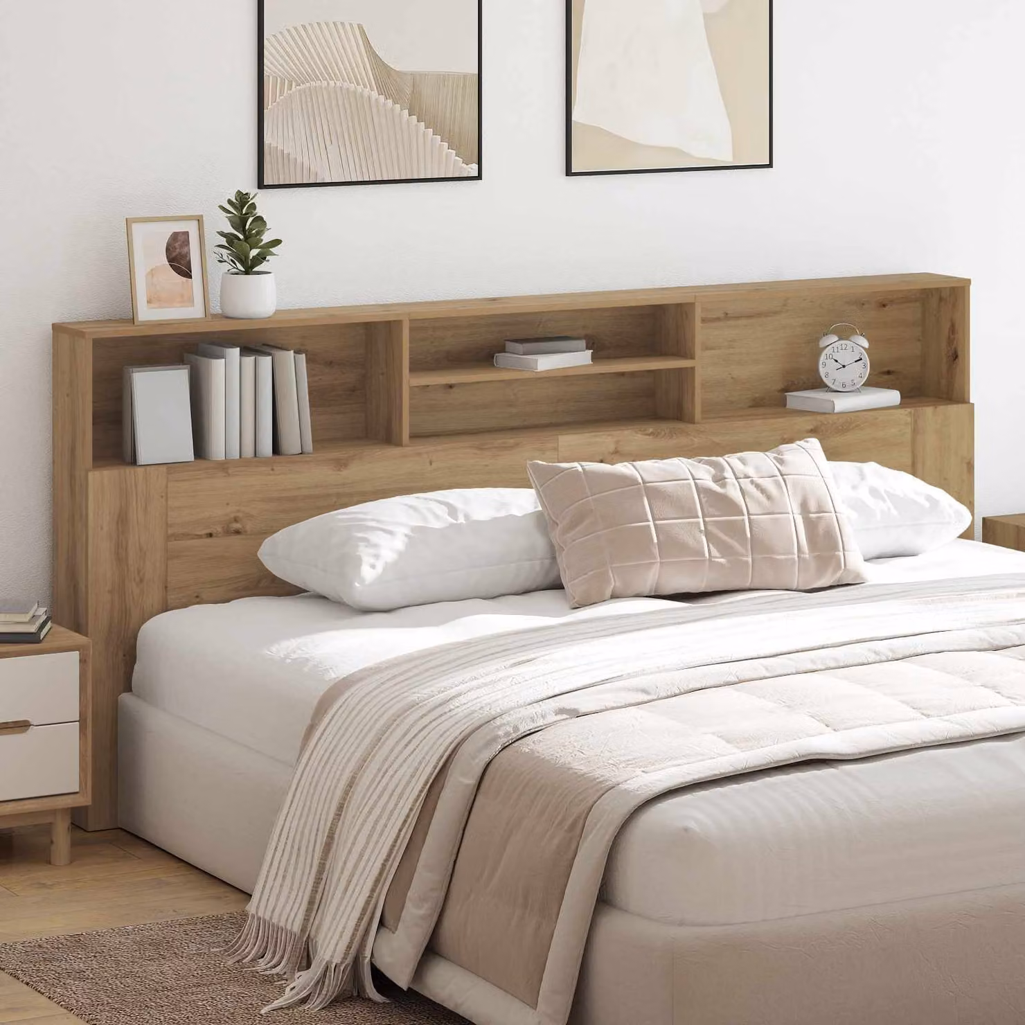 Testata del letto moderna vidaXL in legno ingegnerizzato color rovere con ripiano integrato L: 220 cm, H: 101,5 cm, P: 19 cm