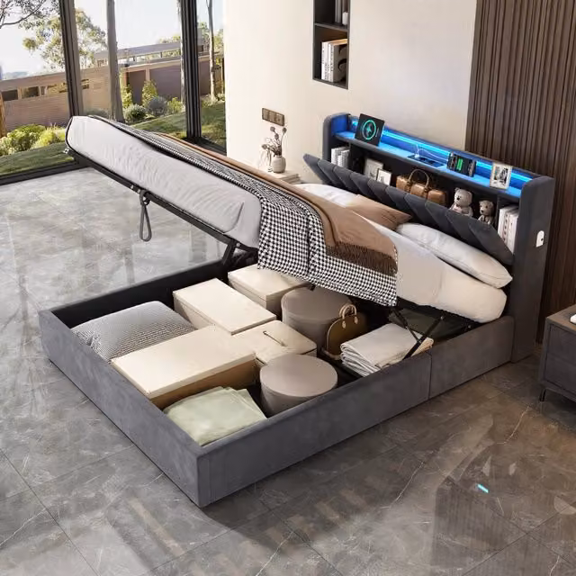 Letto Imbottito 140x200 cm Grigio in Velluto con LED, Porta USB e Vano Contenitore