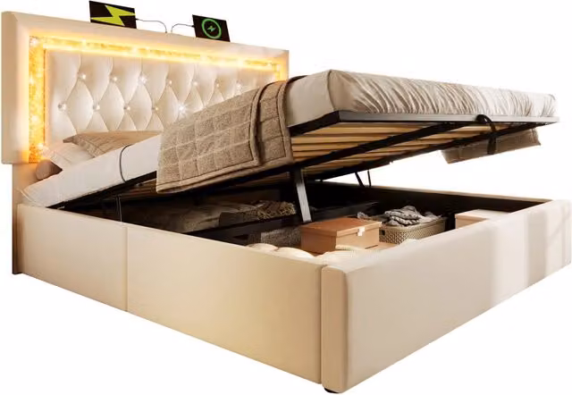 Letto imbottito 160x200 cm in velluto beige con testiera LED, USB e Type-C, contenitore idraulico, rete e materasso inclusi
